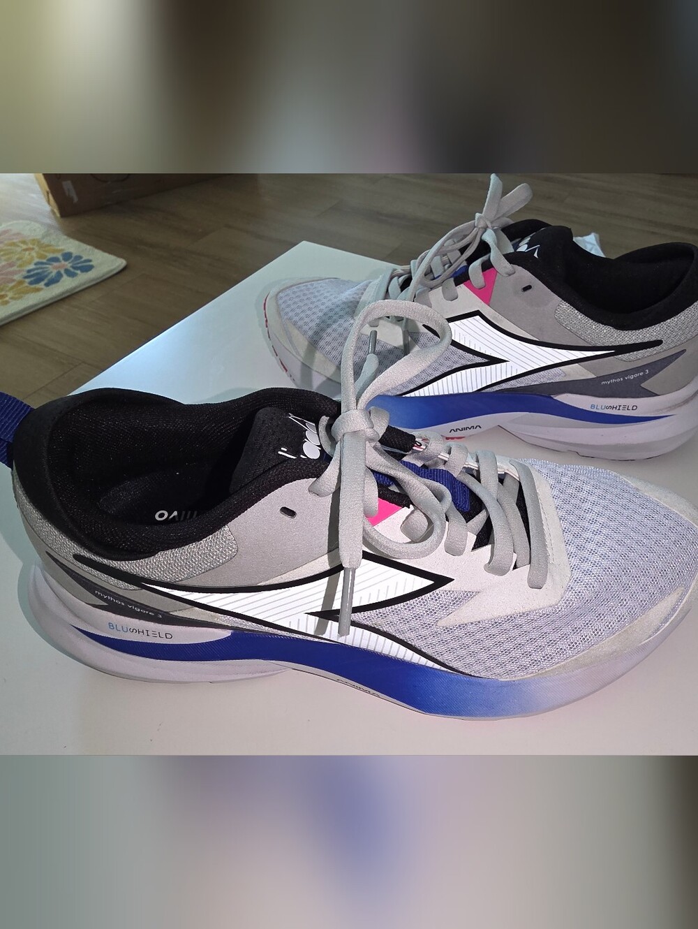 Diadora Women's Light Gray Sneakers with Blue and Pink Accents